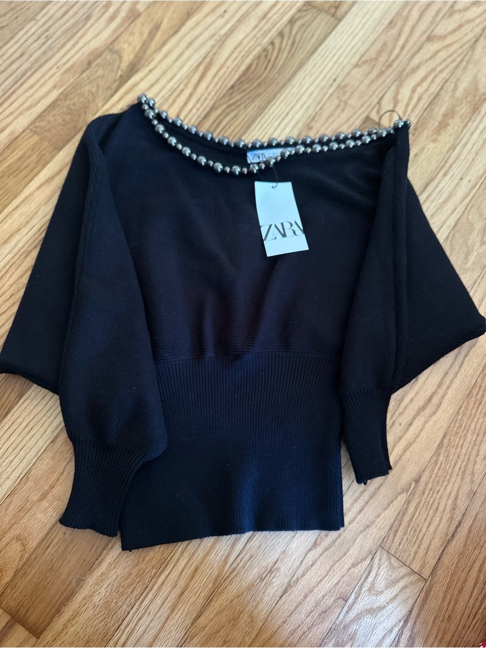 Zara Black Knit Top with Pearl-Trim Neckline - Picture 2 of 3